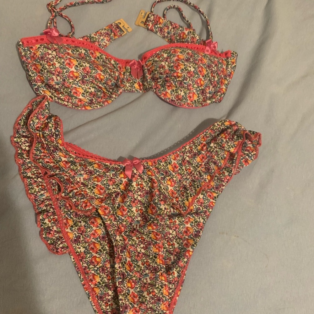 Strawberry Milk Mob Floral Bikini with Pink Trim